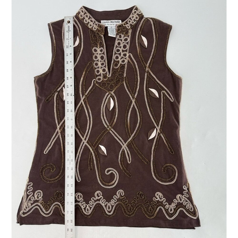 Lauren Michelle Brown Metallic Embroidered Applique Blouse Sz M Art To Wear Boho - Picture 7 of 8